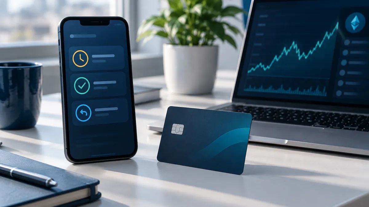 Smartfon z historią płatności obok karty i wykresu kursu kryptowaluty